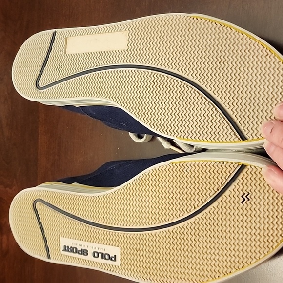 Navy Ralph Lauren Polo Sport sneakers w/yellow stripes, trim & insoles. sz 10 - Picture 6 of 6